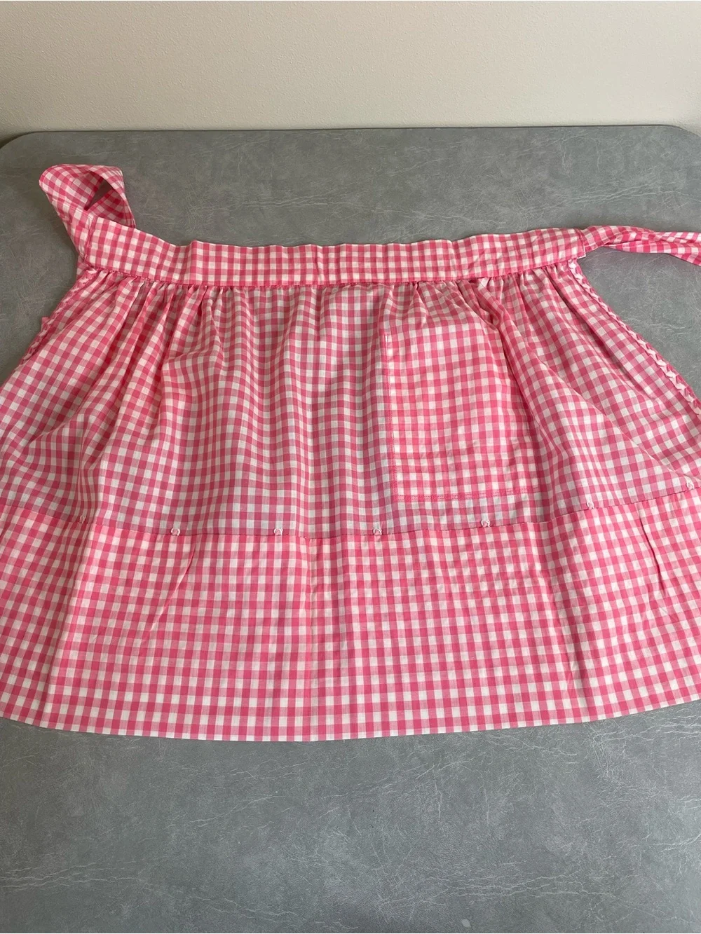 Pink Gingham Embroidered Tea or Half Apron with Chicken Scratch Stitching